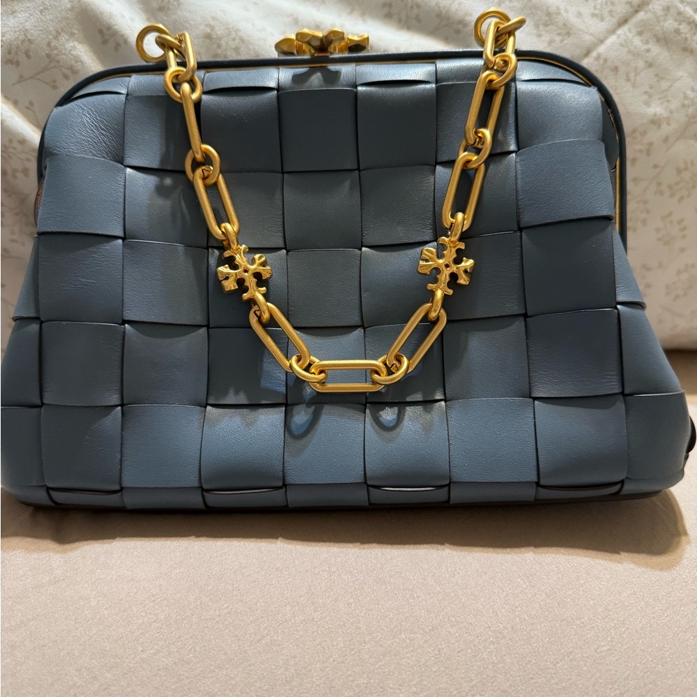 Tory Burch Blue Woven Leather Bag with Gold Chain